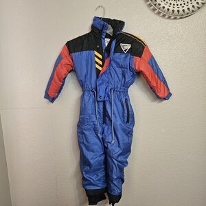 Vintage Swiss Alps Blue Red Black Snowsuit One-Piece Ski Suit Kids Size 6 X872